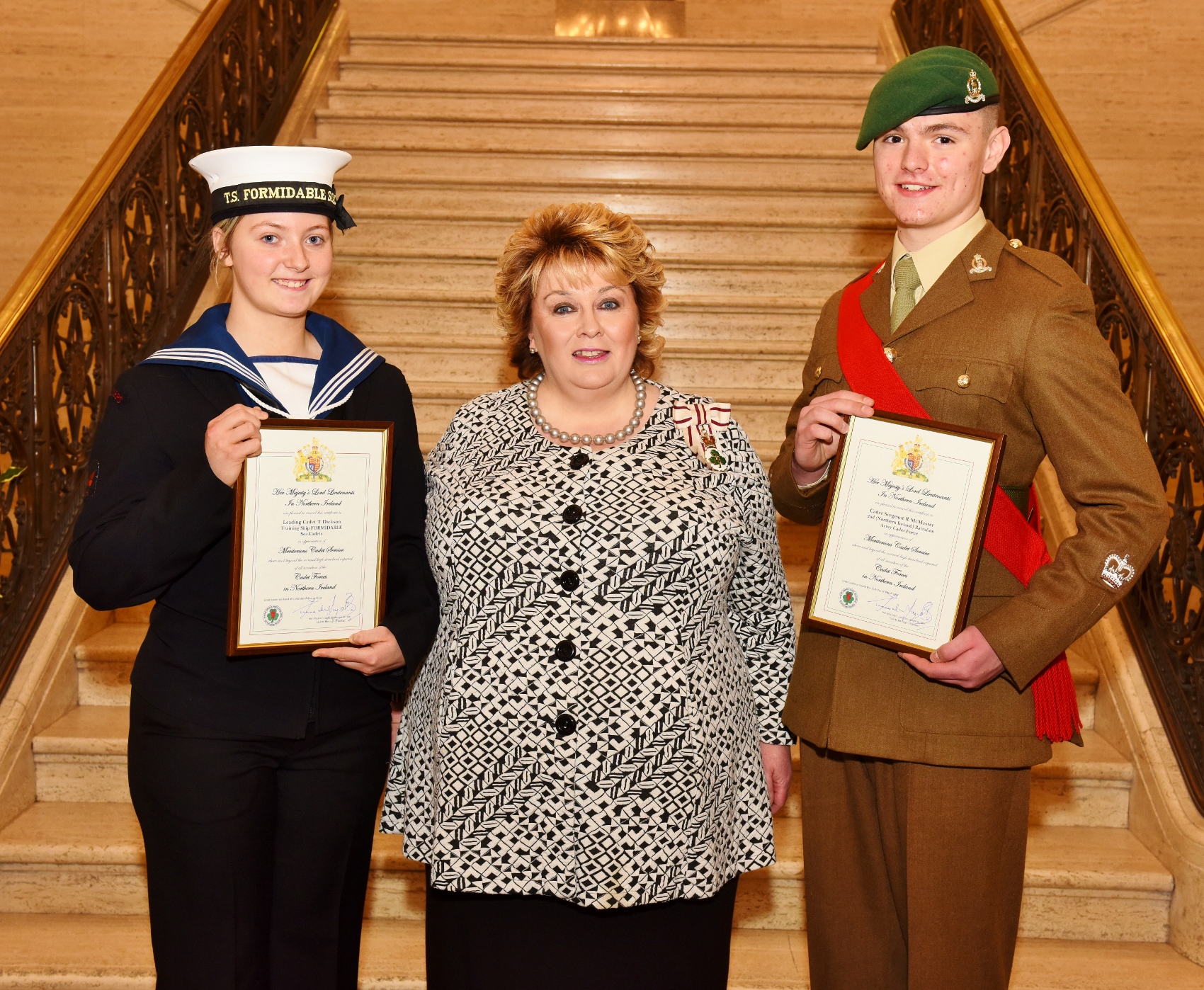At a presentation in Stormont in March 2018, Leading Sea Cadet Toni Dixon and Cadet Sgt Major Ryan McMaster were commissioned as the Lord Lieutenant’s cadets for 2018/19. Pictured with the Lord Lieutenant Mrs Fionnuala Jay-O’Boyle